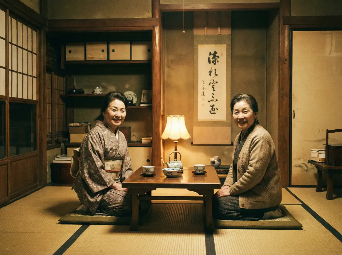 两位优雅的 91看片下载 在日式茶室中品茶交谈